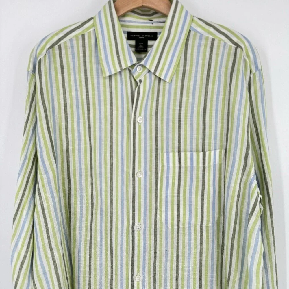 Banana Republic Linen Men's Striped Button Down Shirt Green Blue Size Large